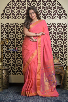 Shubh Lakshmi 2.0 ~ Handloom Pure Cotton Paithani With Double Pallu ~ Peach Pink