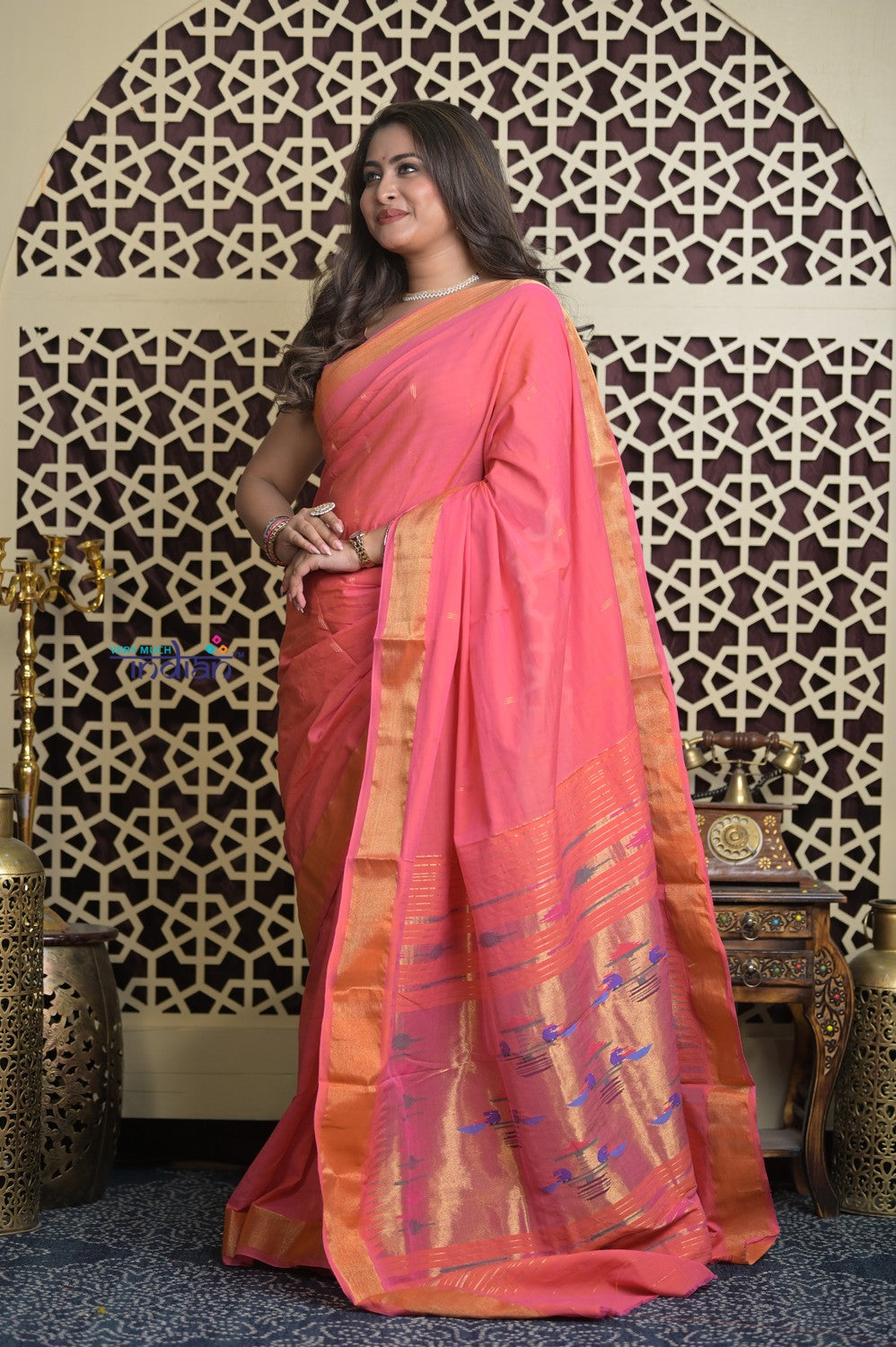 Shubh Lakshmi 2.0 ~ Handloom Pure Cotton Paithani With Double Pallu ~ Peach Pink