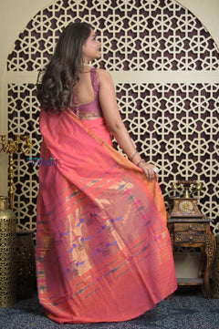 Shubh Lakshmi 2.0 ~ Handloom Pure Cotton Paithani With Double Pallu ~ Peach Pink