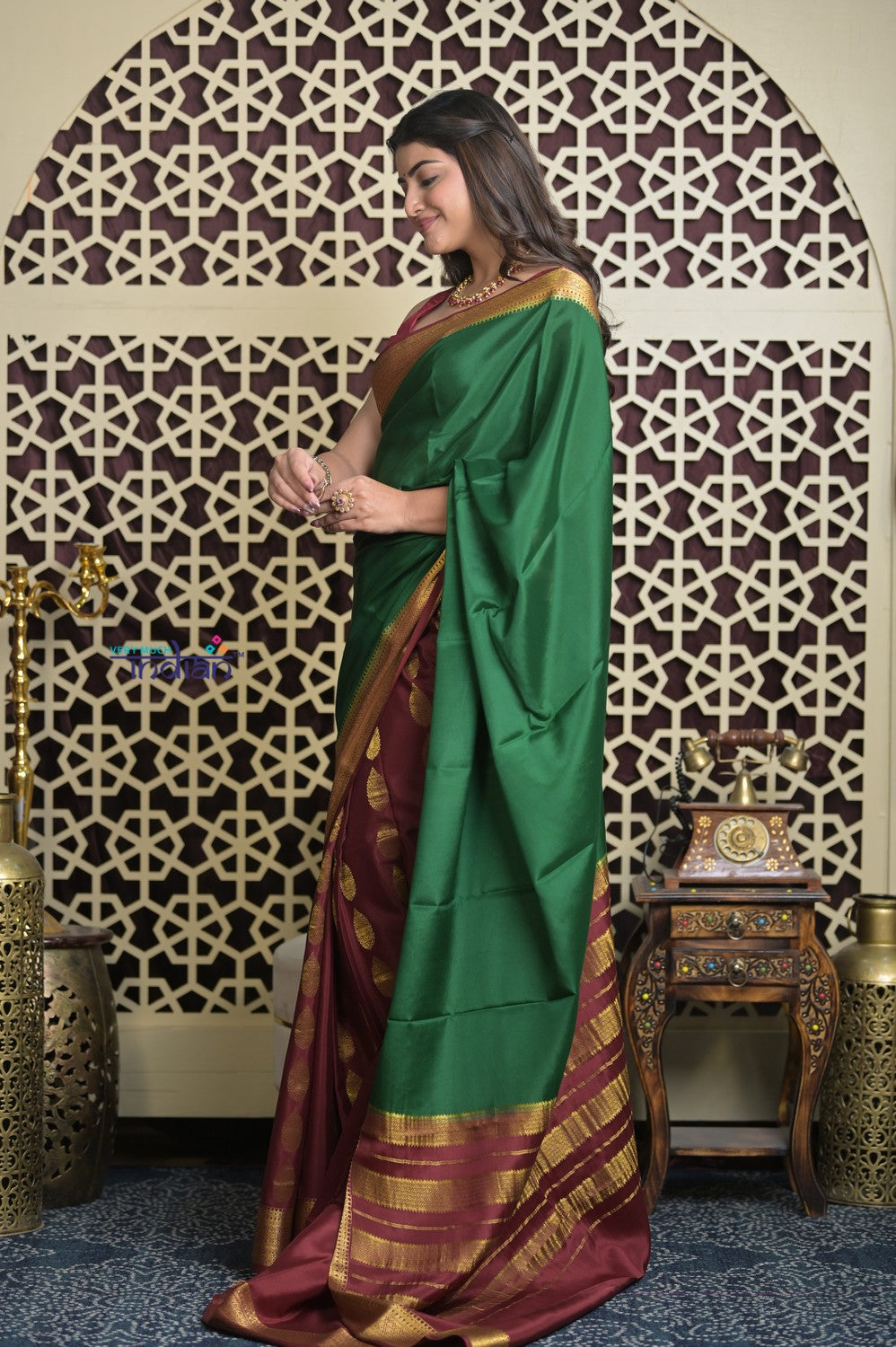 Shubh Lakshmi 2.0~ Handloom Pure Mysore Silk Patli Pallu Crepe Saree in Green and Maroon (Silk Mark Certified)