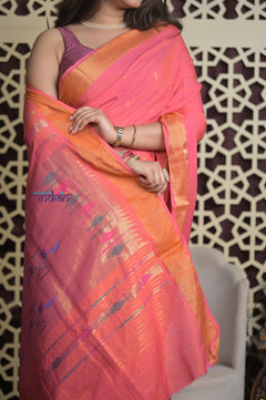 Shubh Lakshmi 2.0 ~ Handloom Pure Cotton Paithani With Double Pallu ~ Peach Pink