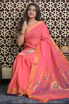 Shubh Lakshmi 2.0 ~ Handloom Pure Cotton Paithani With Double Pallu ~ Peach Pink