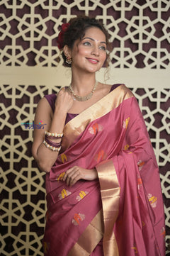 Shubh Lakshmi 2.0 ~ Handloom High Quality Pure Soft Silk Saree in Rose Pink and Gold (Silk Mark Certified)