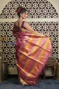 Shubh Lakshmi 2.0 ~ Handloom High Quality Pure Soft Silk Saree in Rose Pink and Gold (Silk Mark Certified)
