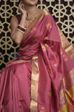 Shubh Lakshmi 2.0 ~ Handloom High Quality Pure Soft Silk Saree in Rose Pink and Gold (Silk Mark Certified)