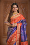 Shubh Lakshmi ~ Handloom Pure Silk Brocade Ikkat Patola Saree in Marine Blue and Red (Silk Mark Certified)