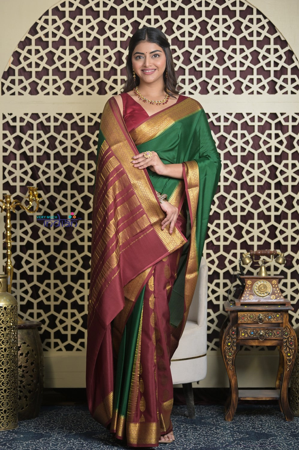 Shubh Lakshmi 2.0~ Handloom Pure Mysore Silk Patli Pallu Crepe Saree in Green and Maroon (Silk Mark Certified)