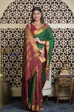 Shubh Lakshmi 2.0~ Handloom Pure Mysore Silk Patli Pallu Crepe Saree in Green and Maroon (Silk Mark Certified)