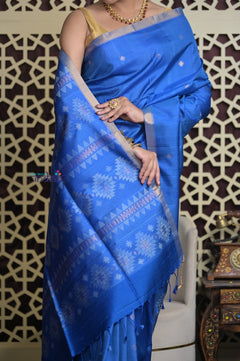 Shubh Lakshmi 2.0 ~ Handloom Pure Silk Soft Saree in Marine Blue (Silk Mark Certified)