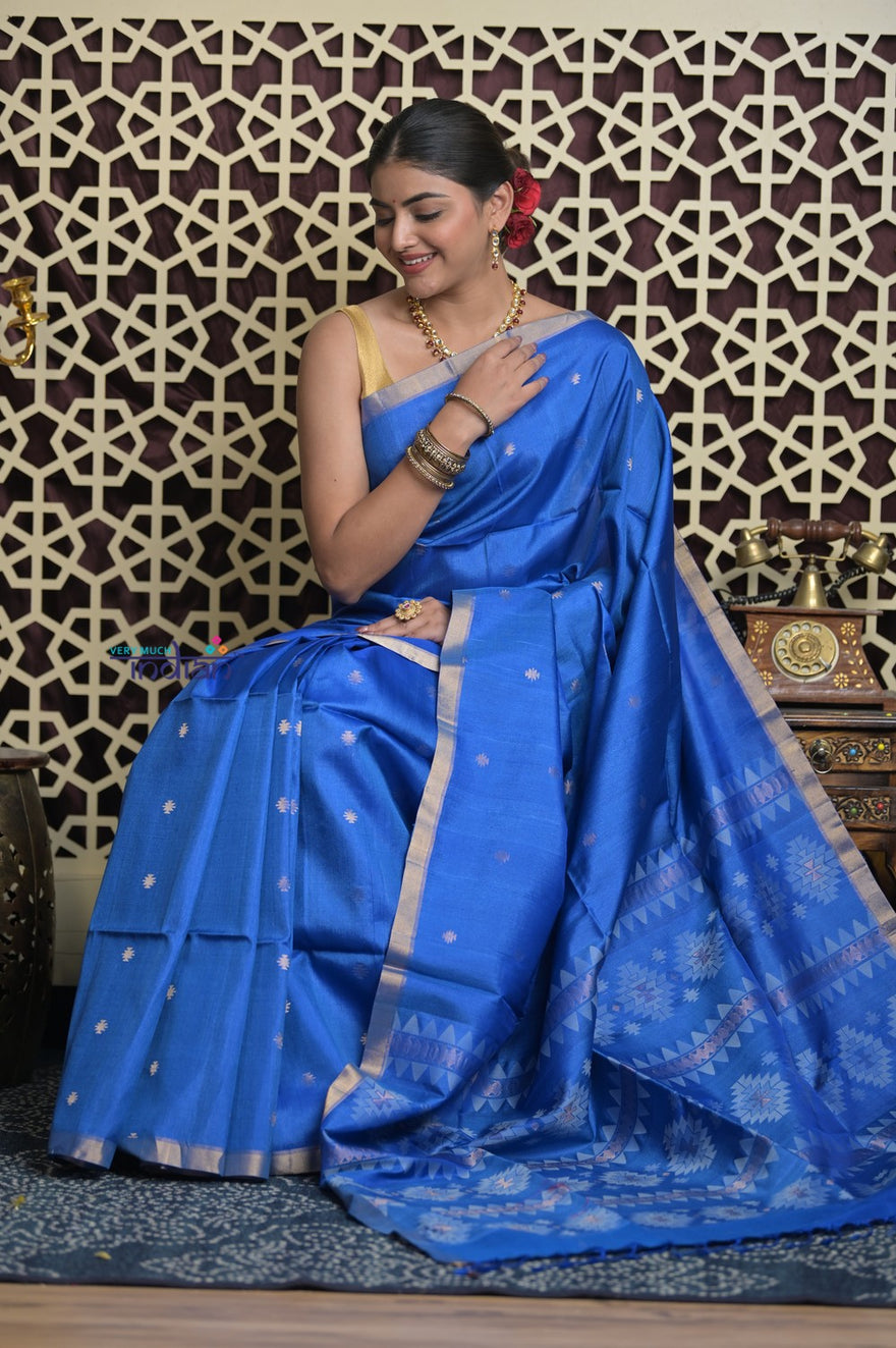 Shubh Lakshmi 2.0 ~ Handloom Pure Silk Soft Saree in Marine Blue (Silk Mark Certified)