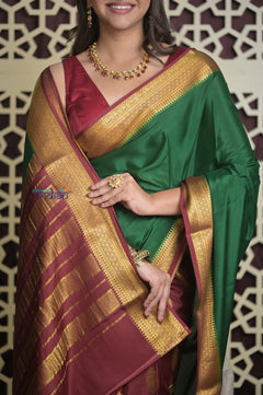 Shubh Lakshmi 2.0~ Handloom Pure Mysore Silk Patli Pallu Crepe Saree in Green and Maroon (Silk Mark Certified)