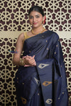 Shubh Lakshmi 2.0 ~ Handloom High Quality Pure Soft Silk Saree in Dark Blue and Gold (Silk Mark Certified)