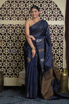 Shubh Lakshmi 2.0 ~ Handloom High Quality Pure Soft Silk Saree in Dark Blue and Gold (Silk Mark Certified)