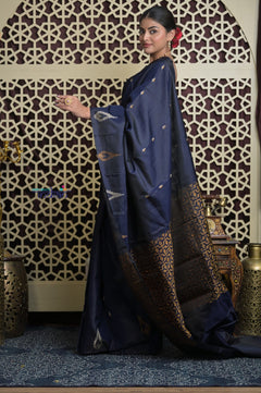 Shubh Lakshmi 2.0 ~ Handloom High Quality Pure Soft Silk Saree in Dark Blue and Gold (Silk Mark Certified)