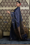 Shubh Lakshmi 2.0 ~ Handloom High Quality Pure Soft Silk Saree in Dark Blue and Gold (Silk Mark Certified)