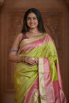 Shubh Lakshmi ~ Handloom Pure Silk Kanjivaram Brocade Saree in Leaf Green and Pink (Silk Mark Certified)