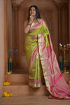 Shubh Lakshmi ~ Handloom Pure Silk Kanjivaram Brocade Saree in Leaf Green and Pink (Silk Mark Certified)