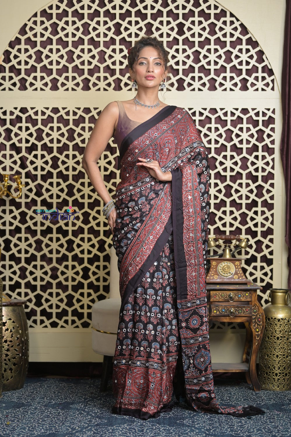 Shubh Lakshmi 2.0 ~ Exclusive Designer Ajrakh Handblock Hand-stitched Mirror Work Modal Silk Saree in Black and Brown