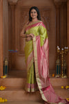 Shubh Lakshmi ~ Handloom Pure Silk Kanjivaram Brocade Saree in Leaf Green and Pink (Silk Mark Certified)