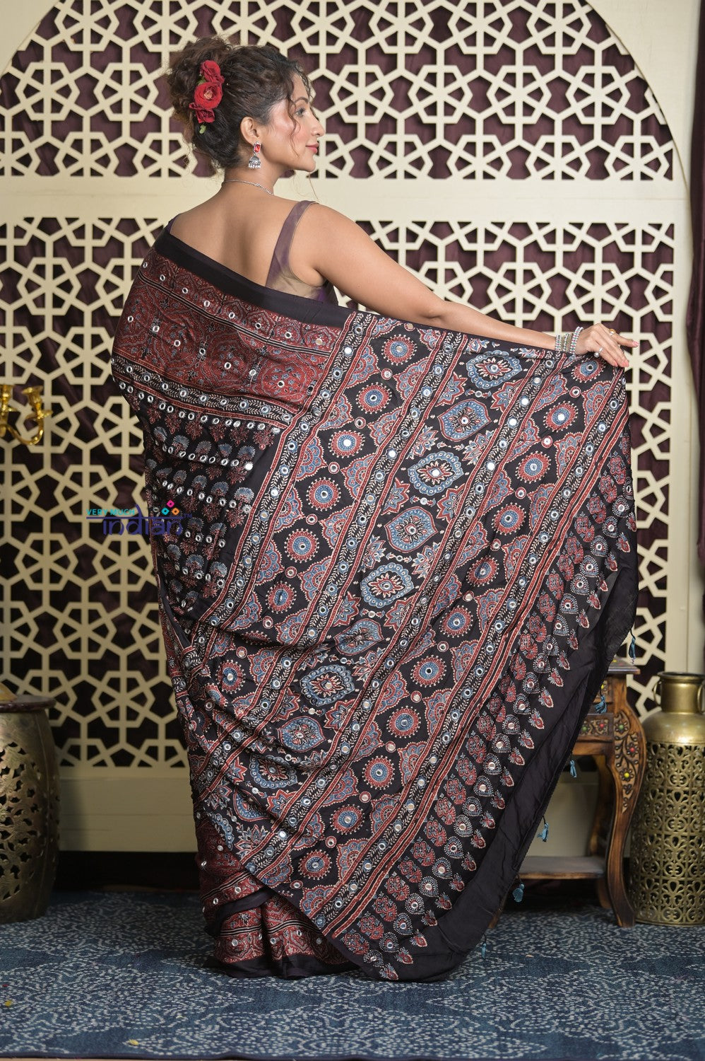 Shubh Lakshmi 2.0 ~ Exclusive Designer Ajrakh Handblock Hand-stitched Mirror Work Modal Silk Saree in Black and Brown