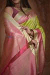 Shubh Lakshmi ~ Handloom Pure Silk Kanjivaram Brocade Saree in Leaf Green and Pink (Silk Mark Certified)