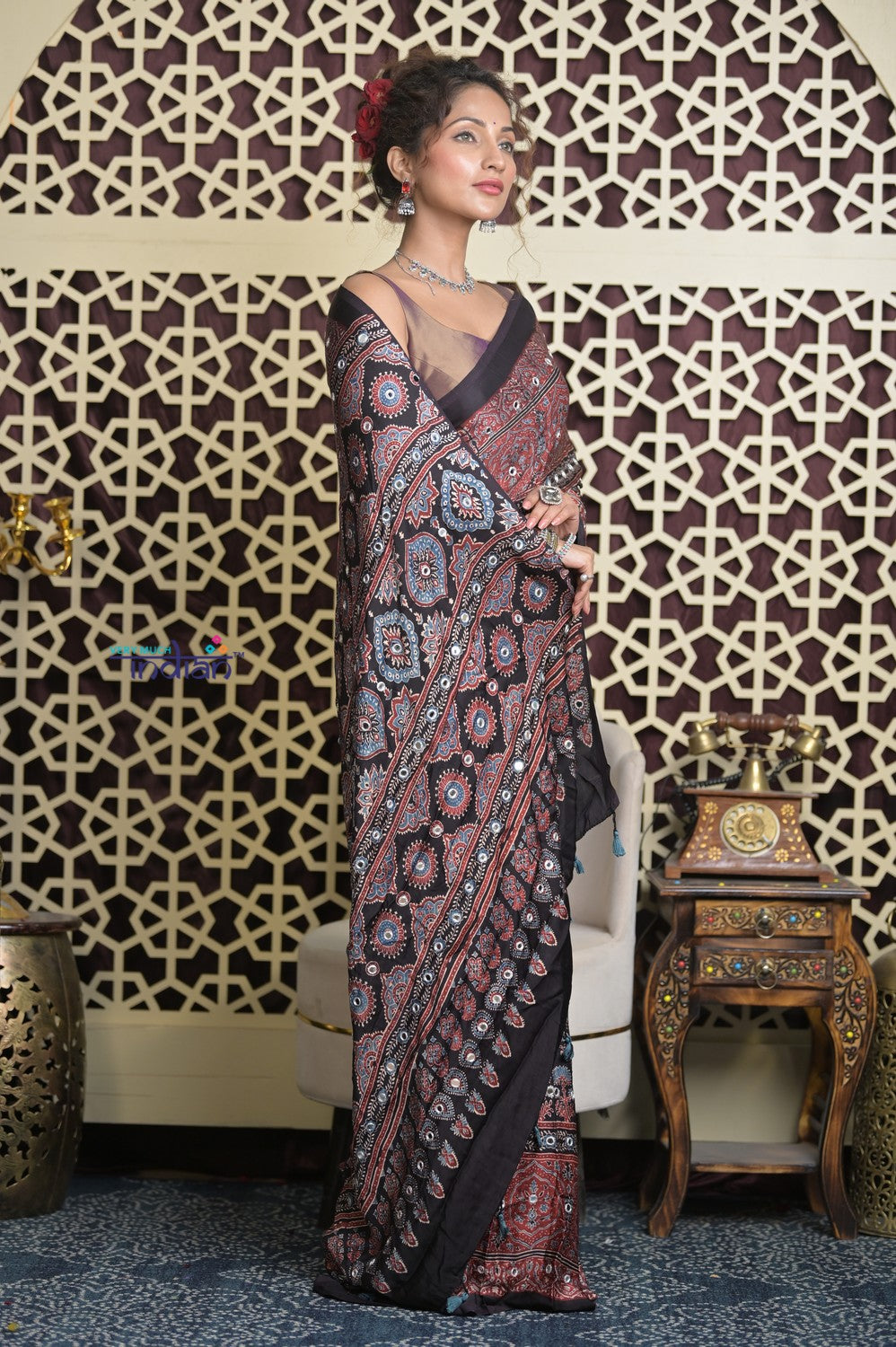 Shubh Lakshmi 2.0 ~ Exclusive Designer Ajrakh Handblock Hand-stitched Mirror Work Modal Silk Saree in Black and Brown