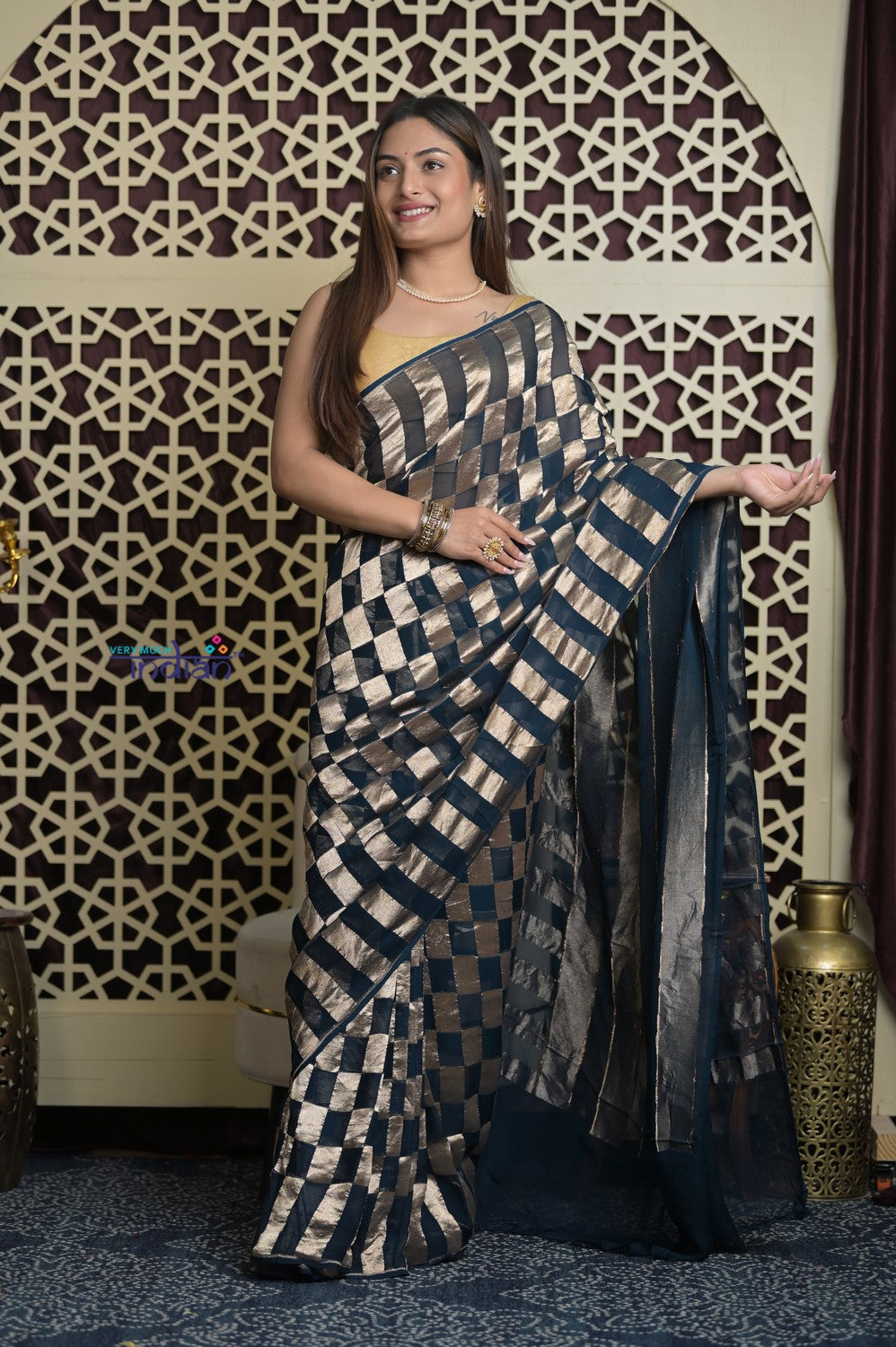 Shubh Lakshmi 2.0 ~ Handloom Banarasi Crepe Silk Saree in Blue and Gold (Silk Mark Certified)