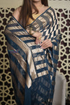 Shubh Lakshmi 2.0 ~ Handloom Banarasi Crepe Silk Saree in Blue and Gold (Silk Mark Certified)