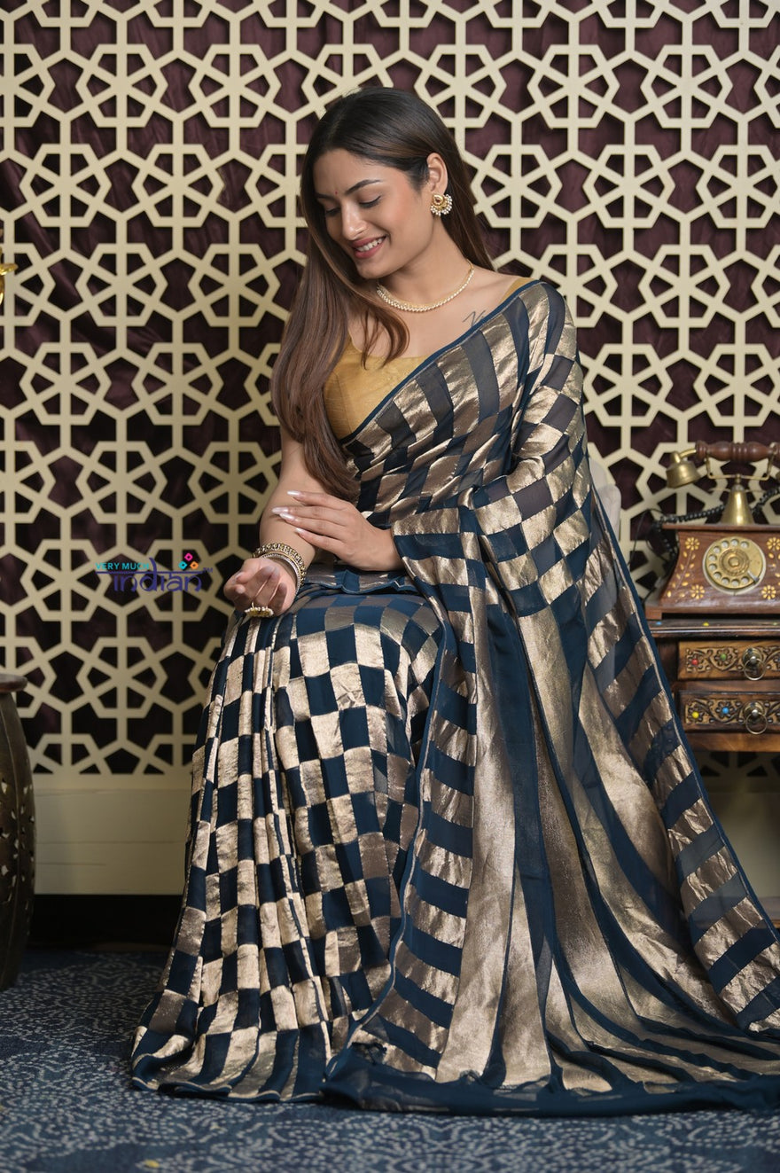 Shubh Lakshmi 2.0 ~ Handloom Banarasi Crepe Silk Saree in Blue and Gold (Silk Mark Certified)