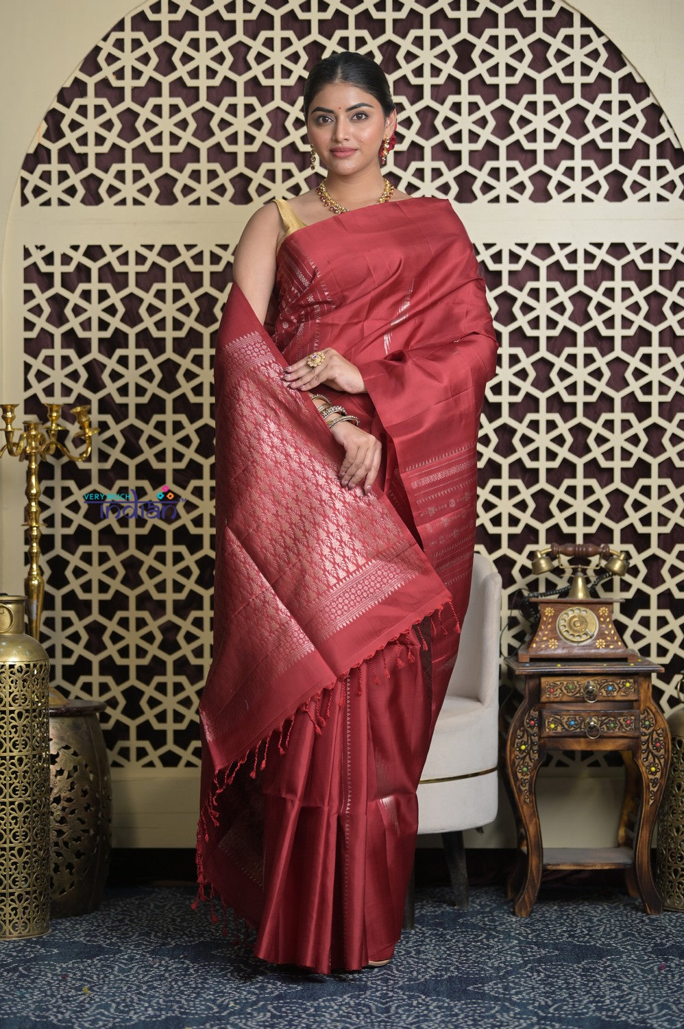Shubh Lakshmi 2.0 ~ Handloom High Quality Pure Soft Silk Saree in Dark Maroon and Gold (Silk Mark Certified)