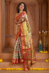 Shubh Lakshmi ~ Handloom Pure Silk Ikkat Patola Saree in Off White and Red (Silk Mark Certified)