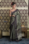 Shubh Lakshmi 2.0 ~ Handloom High Quality Pure Silk Saree in Grey Taupe and Gold (Silk Mark Certified)