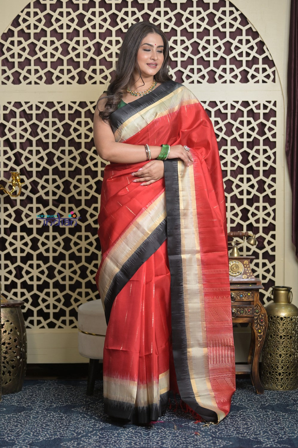 Shubh Lakshmi 2.0 ~ Handloom High Quality Pure Silk Saree in Red and Black (Silk Mark Certified)