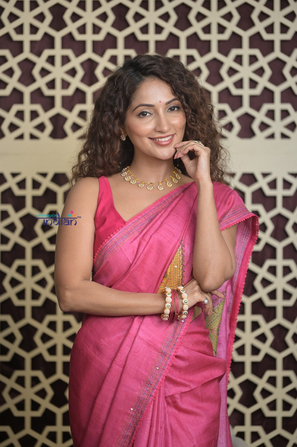 Shubh Lakshmi 2.0 ~ Handloom High Quality Pure Tussar Silk Saree with Kantha Embroidery in Pink (Silk Mark Certified)