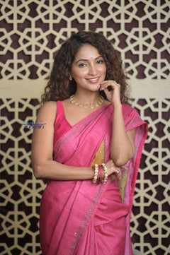 Shubh Lakshmi 2.0 ~ Handloom High Quality Pure Tussar Silk Saree with Kantha Embroidery in Pink (Silk Mark Certified)