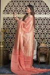 Shubh Lakshmi 2.0 ~ Handloom Pure Mysore Silk Crepe Saree in Peach (Silk Mark Certified)