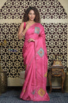 Shubh Lakshmi 2.0 ~ Handloom High Quality Pure Tussar Silk Saree with Kantha Embroidery in Pink (Silk Mark Certified)