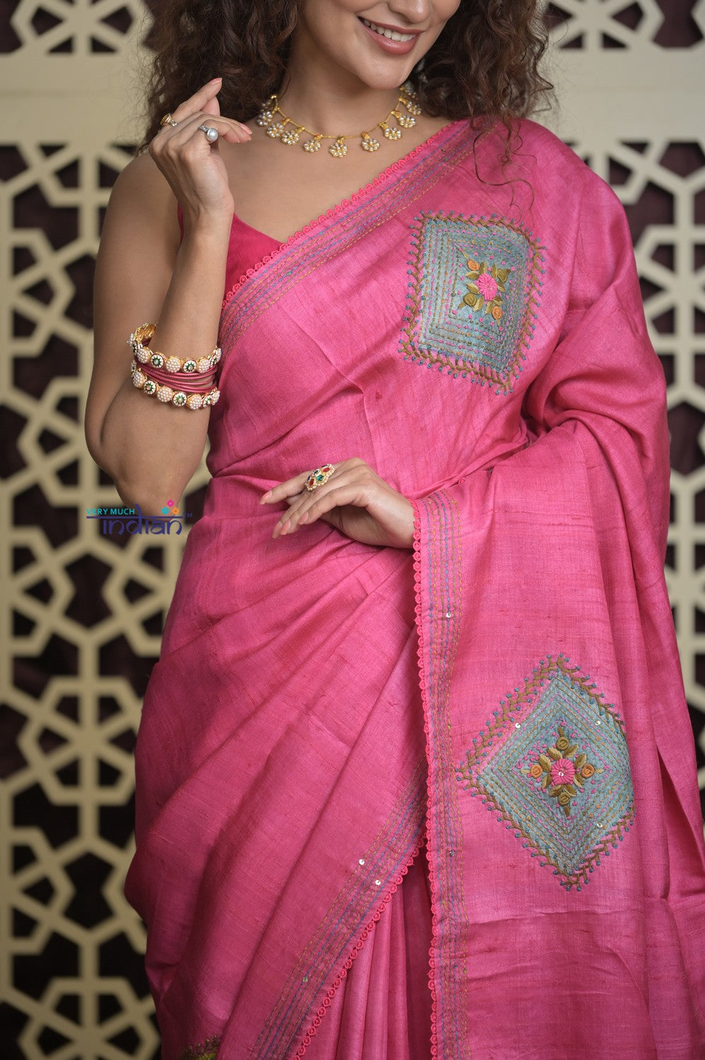 Shubh Lakshmi 2.0 ~ Handloom High Quality Pure Tussar Silk Saree with Kantha Embroidery in Pink (Silk Mark Certified)