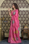 Shubh Lakshmi 2.0 ~ Handloom High Quality Pure Tussar Silk Saree with Kantha Embroidery in Pink (Silk Mark Certified)