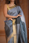 Shubh Lakshmi ~ Handloom High Quality Pure Soft Silk Saree in Sandstone Grey (Silk Mark Certified)
