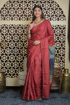 Shubh Lakshmi 2.0 ~ Handloom High Quality Pure Tussar Silk Saree with Kantha Embroidery in Rust (Silk Mark Certified)
