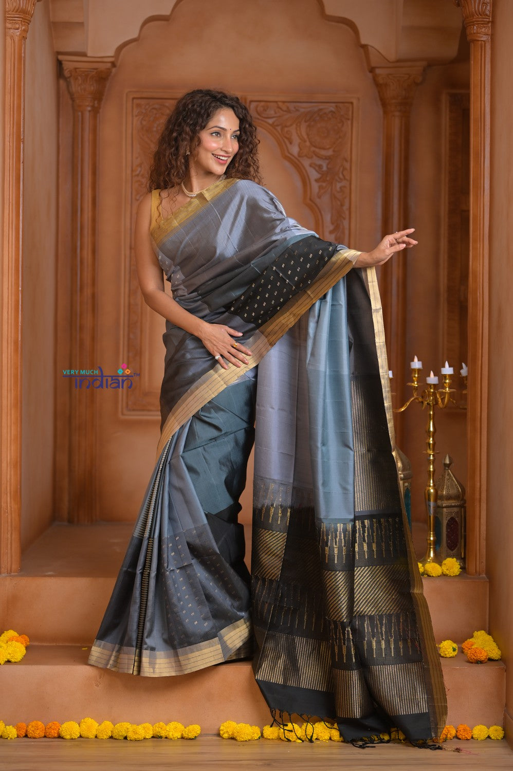 Shubh Lakshmi ~ Handloom High Quality Pure Soft Silk Saree in Sandstone Grey (Silk Mark Certified)