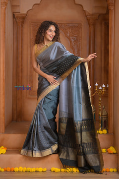 Shubh Lakshmi ~ Handloom High Quality Pure Soft Silk Saree in Sandstone Grey (Silk Mark Certified)