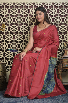 Shubh Lakshmi 2.0 ~ Handloom High Quality Pure Tussar Silk Saree with Kantha Embroidery in Rust (Silk Mark Certified)