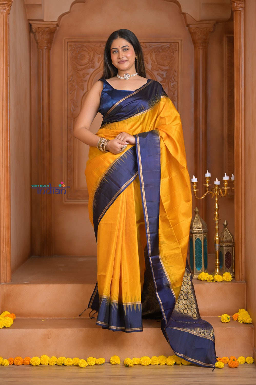 Shubh Lakshmi ~ Handloom High Quality Pure Soft Silk Saree in Yellow and Blue (Silk Mark Certified)