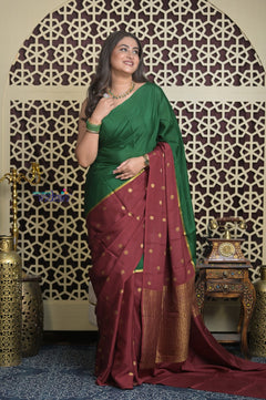 Shubh Lakshmi ~ Handloom Pure Mysore Silk Crepe Saree in Green and Dark Maroon (Silk Mark Certified)