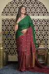 Shubh Lakshmi ~ Handloom Pure Mysore Silk Crepe Saree in Green and Dark Maroon (Silk Mark Certified)