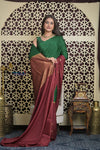 Shubh Lakshmi ~ Handloom Pure Mysore Silk Crepe Saree in Green and Dark Maroon (Silk Mark Certified)