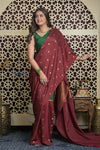 Shubh Lakshmi ~ Handloom Pure Mysore Silk Crepe Saree in Green and Dark Maroon (Silk Mark Certified)