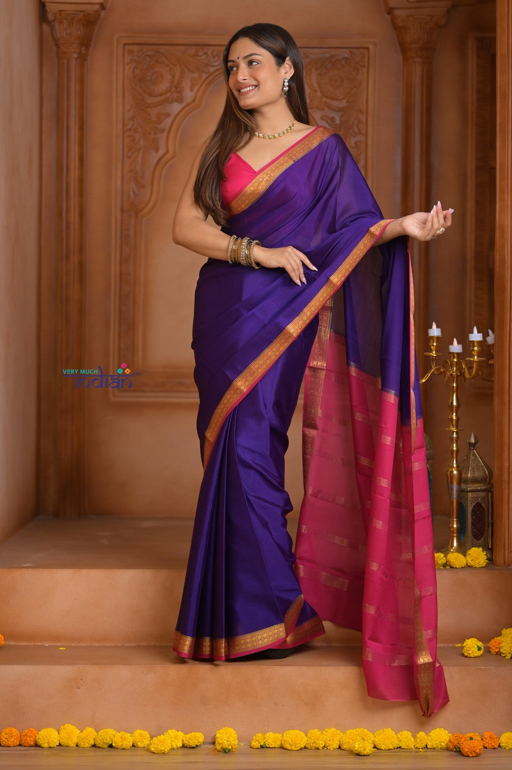 Shubh Lakshmi ~ Handloom Pure Mysore Silk Crepe Saree in Purple and Pink (Silk Mark Certified)